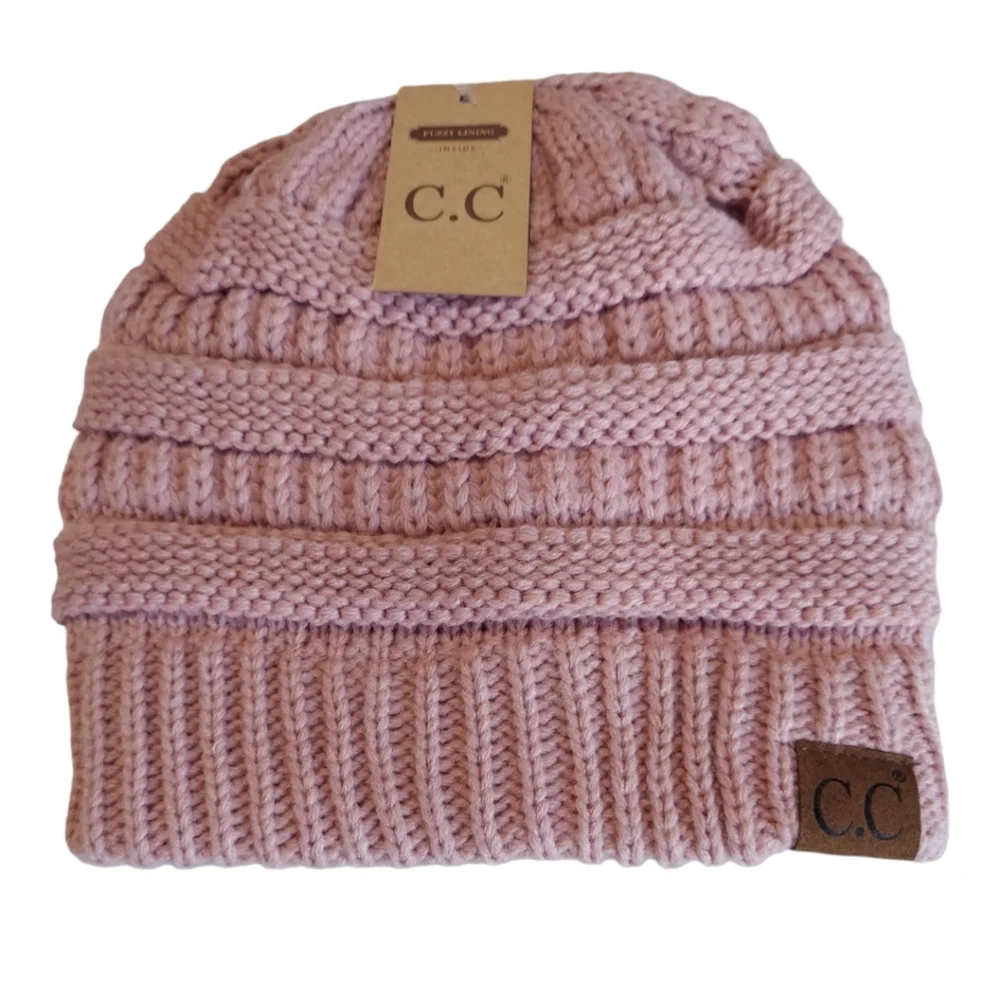 C.C Beanie Hat Womens Cable Knit Hat Pink Warm Lined New Hat Warm Winter